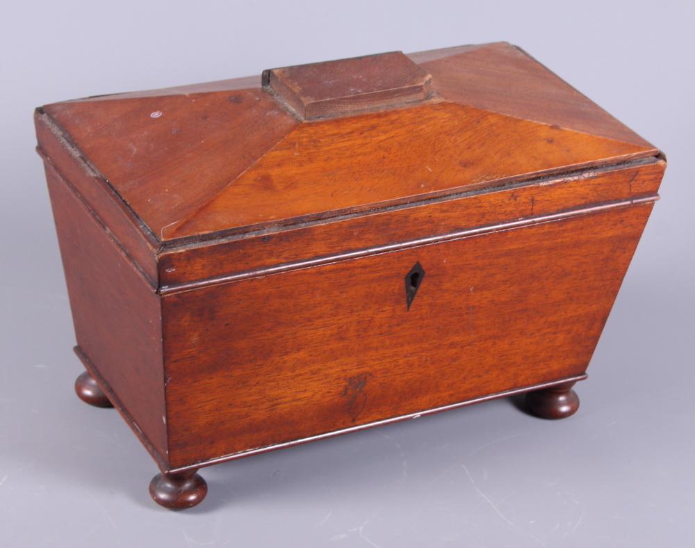 A 19th century mahogany sarcophagus two-division tea caddy, on squat bun feet, together with a