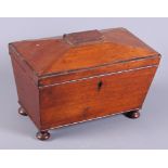 A 19th century mahogany sarcophagus two-division tea caddy, on squat bun feet, together with a