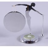 A chrome plated Art Nouveau design gong, in the form of a woman, 8" high