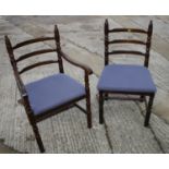 A set of eight oak ladder back dining chairs with stuffed over seats, on turned and stretchered