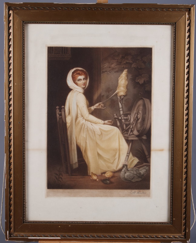 E M Hester: a coloured mezzotint, young lady at a spinning wheel, pencil signed, in gilt frame,