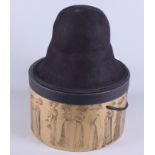 A lady's purple velvet handmade hat, complete with cardboard hat box, and an oak standard lamp