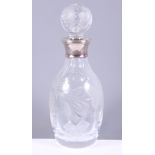 A silver collared etched glass decanter and stopper, P & S, Birmingham 2002, 10 1/2" high