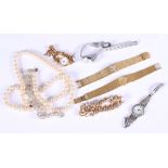 Five lady's wristwatches, various, a faux pearl necklace and two bracelets
