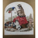 An early Victorian needlepoint panel of a girl feeding a parrot and a companion "Greek", 18" x