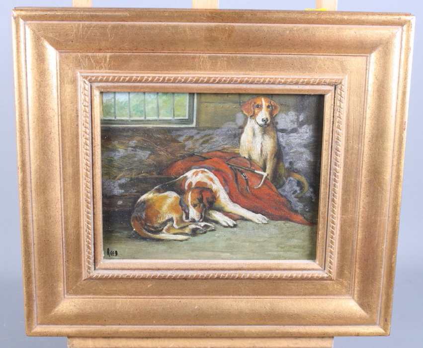 Reed: an oil on canvas study of dogs, 9 1/2" x 7 1/2", in gilt frame, and a similar picture - Image 2 of 2