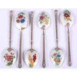 A set of six enamelled back silver coffee spoons, decorated sprays of flowers, Sheffield 1980