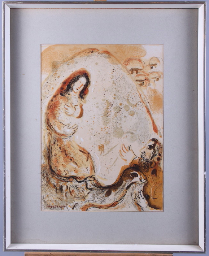 Marc Chagall: a colour print, "Rachel Derobe les Idols de son Pere", 14" x 10", in strip frame,