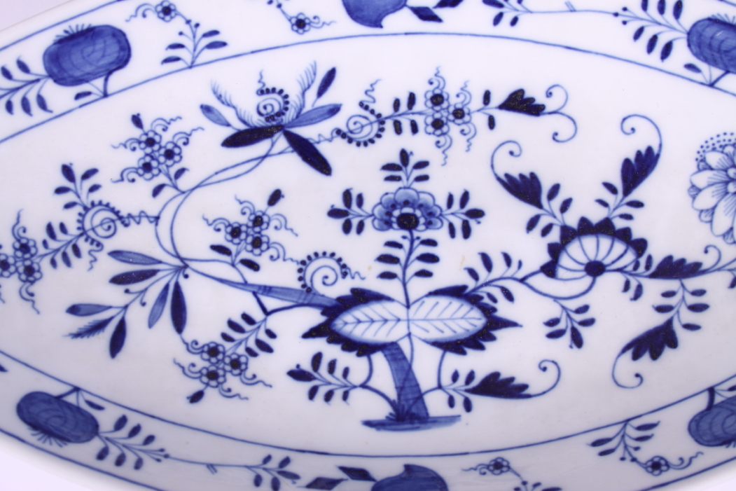 A Meissen blue and white lozenge-shaped dish with scroll handles, 15" wide - Image 2 of 3