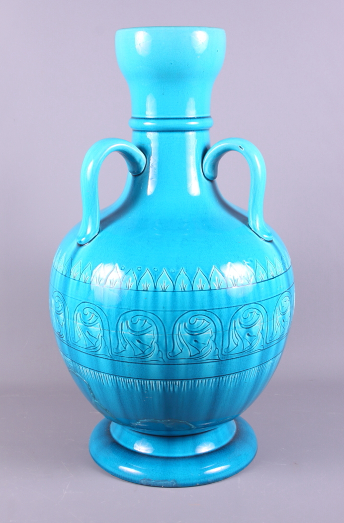 A Burmantofts turquoise glazed three-handled vase (now converted to a table lamp and restored),