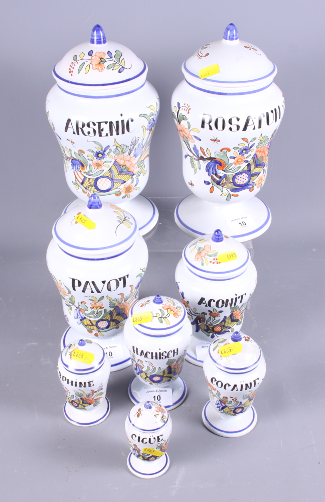 A graduated set of eight Rouen faience pottery apothecary jars, 3 1/2" to 10" high