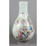 A Chinese bulbous celadon porcelain vase decorated with figures and clouds in polychrome enamel, 17"