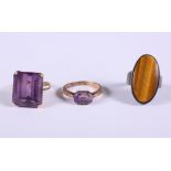 A 14ct gold ring set amethyst, a 9ct gold ring set amethyst and a Danish Niels Erik silver and