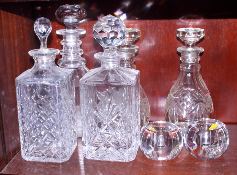 A 19th century three ringed neck decanter and stopper, two smaller similar decanters and stoppers, a - Image 2 of 2