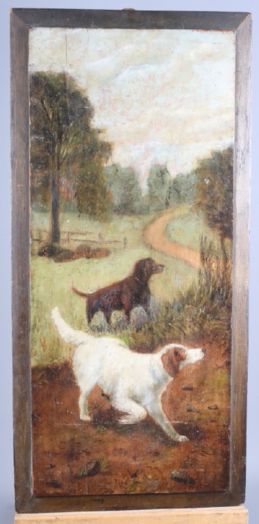 An oil on board, two gundogs, 10 1/2" x 24", unframed, and another study of a dog, in gilt frame