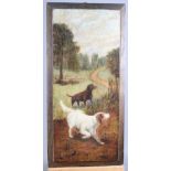 An oil on board, two gundogs, 10 1/2" x 24", unframed, and another study of a dog, in gilt frame