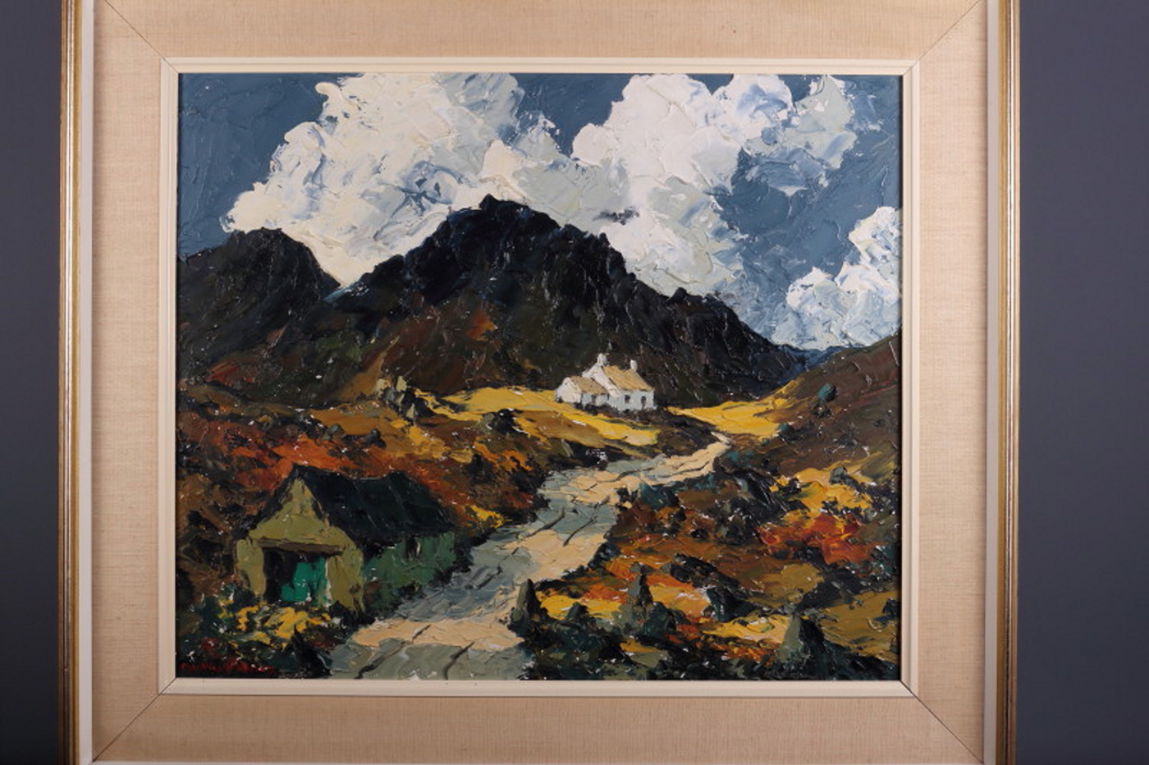 †Charles Wyatt Warren: oil on board, "Hill Farm near Snowdon", titled verso, 18 1/2" x 23", in