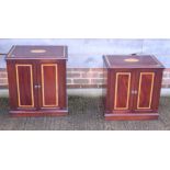 A pair of mahogany and satinwood banded side cupboards, fitted interior drawers, on block base,