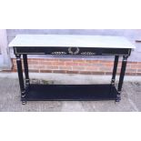 An ebonised and gilt painted two-tier console table of Regency design with faux marble top, 53"