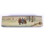 An early 20th century Russian (Palekh) papier mache pen box, painted with three children standing in