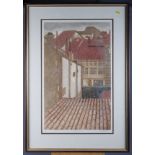Valerie Thornton, '77: a signed limited edition etching, "Rooftops Estella", in strip frame