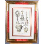 A pair of 18th century hand-coloured engravings, silver hollow wares, in decorated gilt frames,