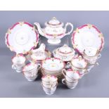 A late Victorian bone china puce, cream and gilt decorated part teaset including teapot, sucrier,