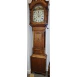 A 19th century figured oak and mahogany banded long case clock with swan neck pediment, painted arch