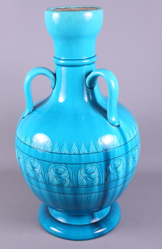 A Burmantofts turquoise glazed three-handled vase (now converted to a table lamp and restored), - Image 4 of 7