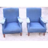 A pair of late 19th century deep seat armchairs, upholstered in a blue fabric