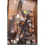 A King's pattern silver plated soup ladle, a plated mustard pot, a pair of plated salt and pepper