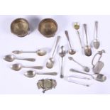 A collection of silver spoons, various, 5oz troy approx, two decanter labels and a pair of