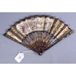 A 19th century Chinese gilt highlighted tortoiseshell fan with European painted paper scene, 17"