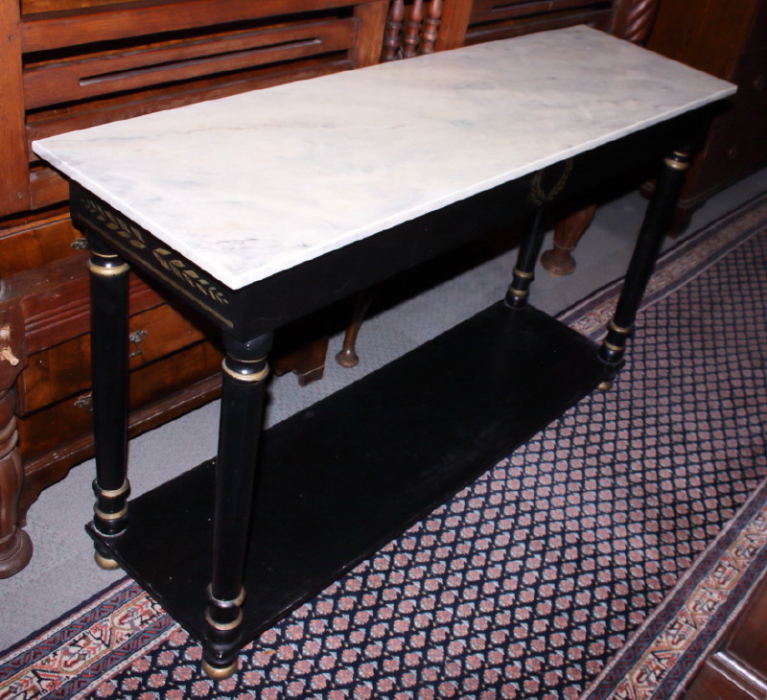 An ebonised and gilt painted two-tier console table of Regency design with faux marble top, 53" - Image 2 of 2