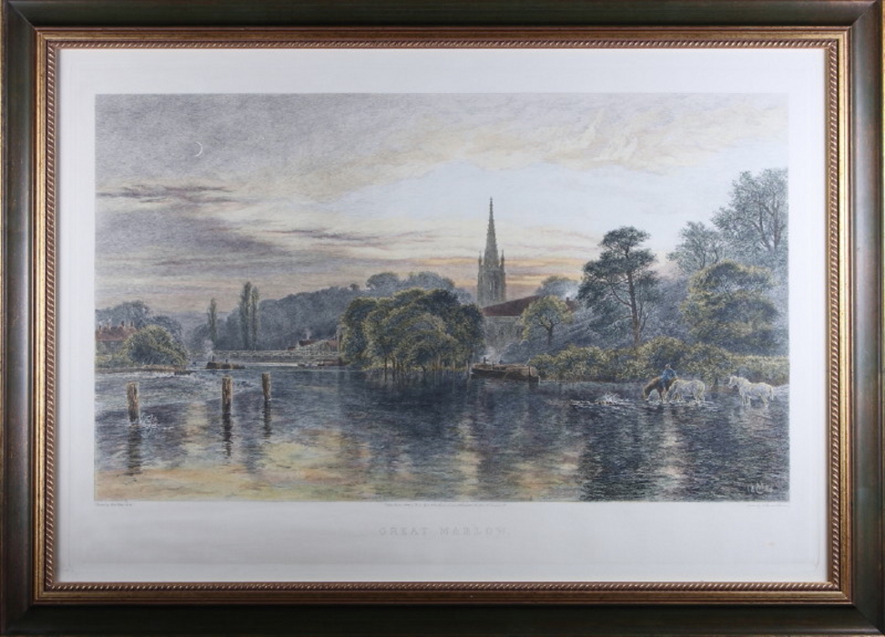 After Vicat Cole: a late 19th century etching/print, "Old Marlow", in glazed frame