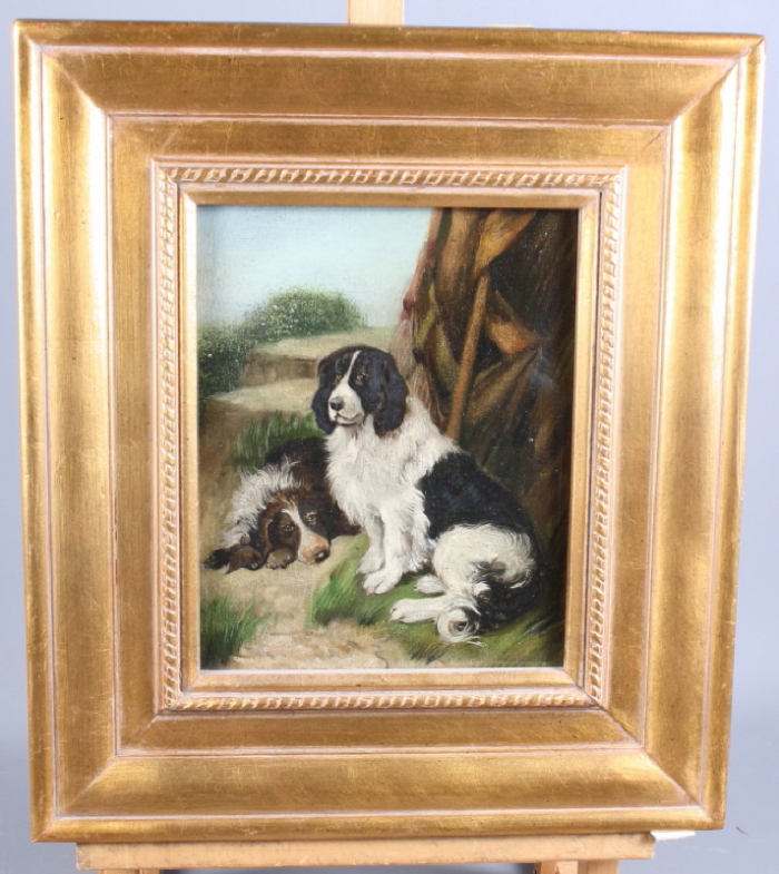 Reed: an oil on canvas study of dogs, 9 1/2" x 7 1/2", in gilt frame, and a similar picture