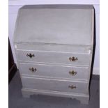 A grey painted fall front bureau with fitted interior over three drawers, on bracket feet, 31" wide