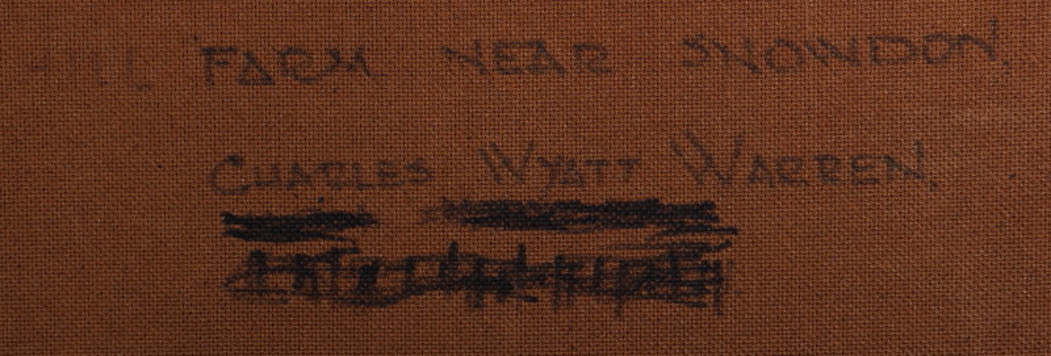†Charles Wyatt Warren: oil on board, "Hill Farm near Snowdon", titled verso, 18 1/2" x 23", in - Image 3 of 11