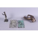 An Indian brass model of a hand, engraved symbols to the palm, 7 1/2" long, a copper model of a
