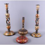 A pair of Kashmir floral decorated openwork candlesticks, 18" high, a similar vase, 10 1/2" high,