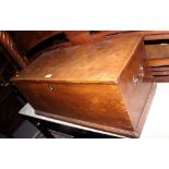 A 19th century elm blanket box with candle tray and brass carry handles, 32" wide