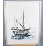 A glazed colour print, sailing boat on a beach, and a similar screen print, figure by a bath, in