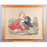 A 19th century gros point panel, girl with a dog, 17" x 22", in maple frame, and an earlier panel,
