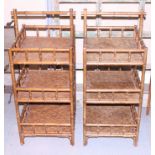 A pair of three-tier bamboo and rattan stands, 17" wide