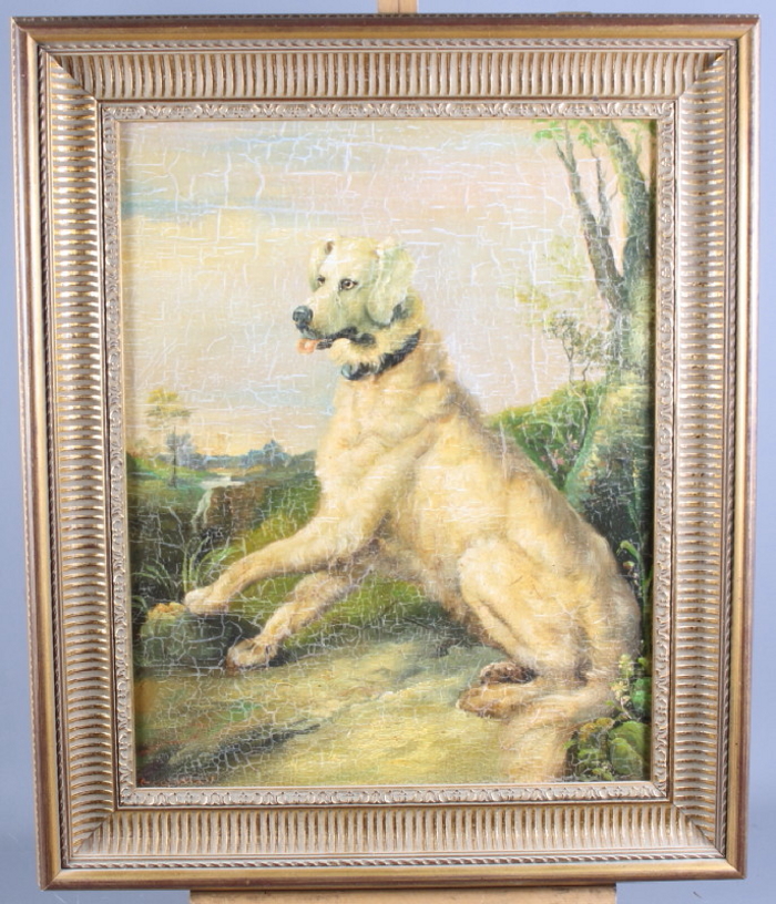 An oil on board, two gundogs, 10 1/2" x 24", unframed, and another study of a dog, in gilt frame - Image 2 of 2