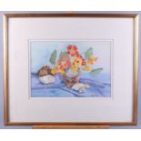 Joy Morton: watercolours, still life of flowers with shells, 9" x 12 1/2", in gilt strip frame