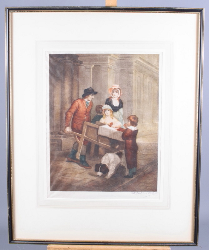 A set of eight coloured mezzotints, Cries of London, in Hogarth frames - Image 7 of 11