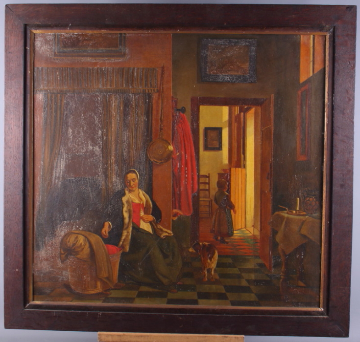 After Dutch 17th century Masters: two oils on board, interiors with figures, one 26" x 22", the