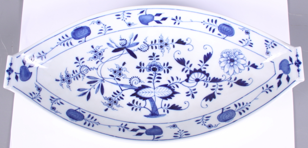 A Meissen blue and white lozenge-shaped dish with scroll handles, 15" wide