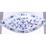 A Meissen blue and white lozenge-shaped dish with scroll handles, 15" wide